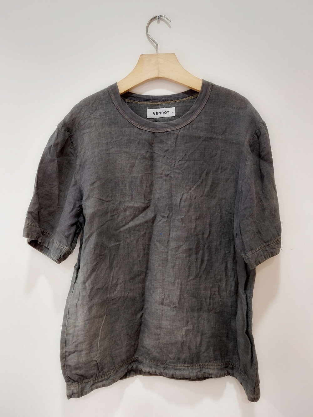Venroy Oversized Charcoal Gray Washed Linen Short-Sleeve Shirt